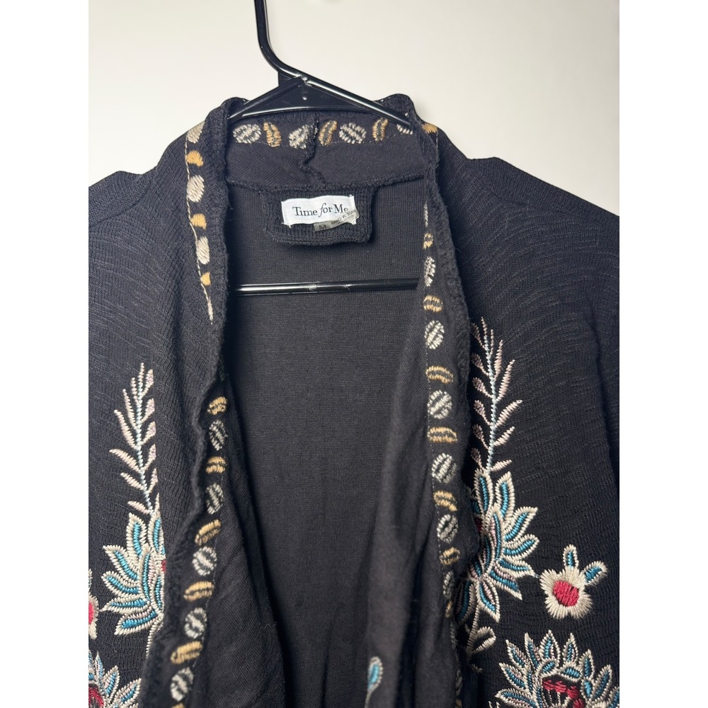 Time for Me Black Floral Embroidered Waterfall Open Front Cardigan Boho Women - Picture 6 of 12
